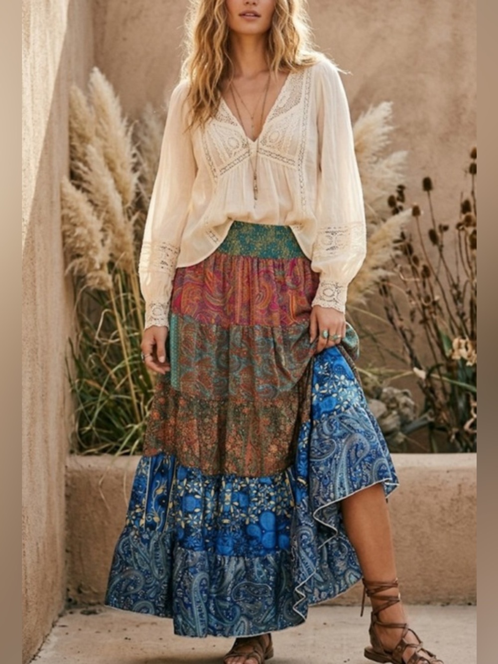 Boho Tiered Maxi Skirt in Multi Blue and Teal